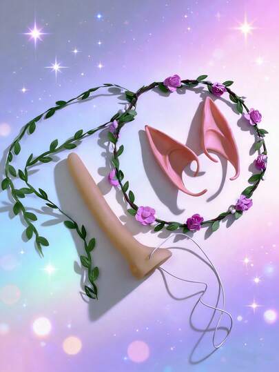 3pcs Woodland Elf Cosplay Prop Set - Realistic Ears + Flower Crown + Nose, Party Photo Prop