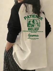 Women's Loose Casual Versatile English Letter, Tree, Cartoon Print Contrast Color Long Sleeve T-Shirt, Spring - Black and White - View 3