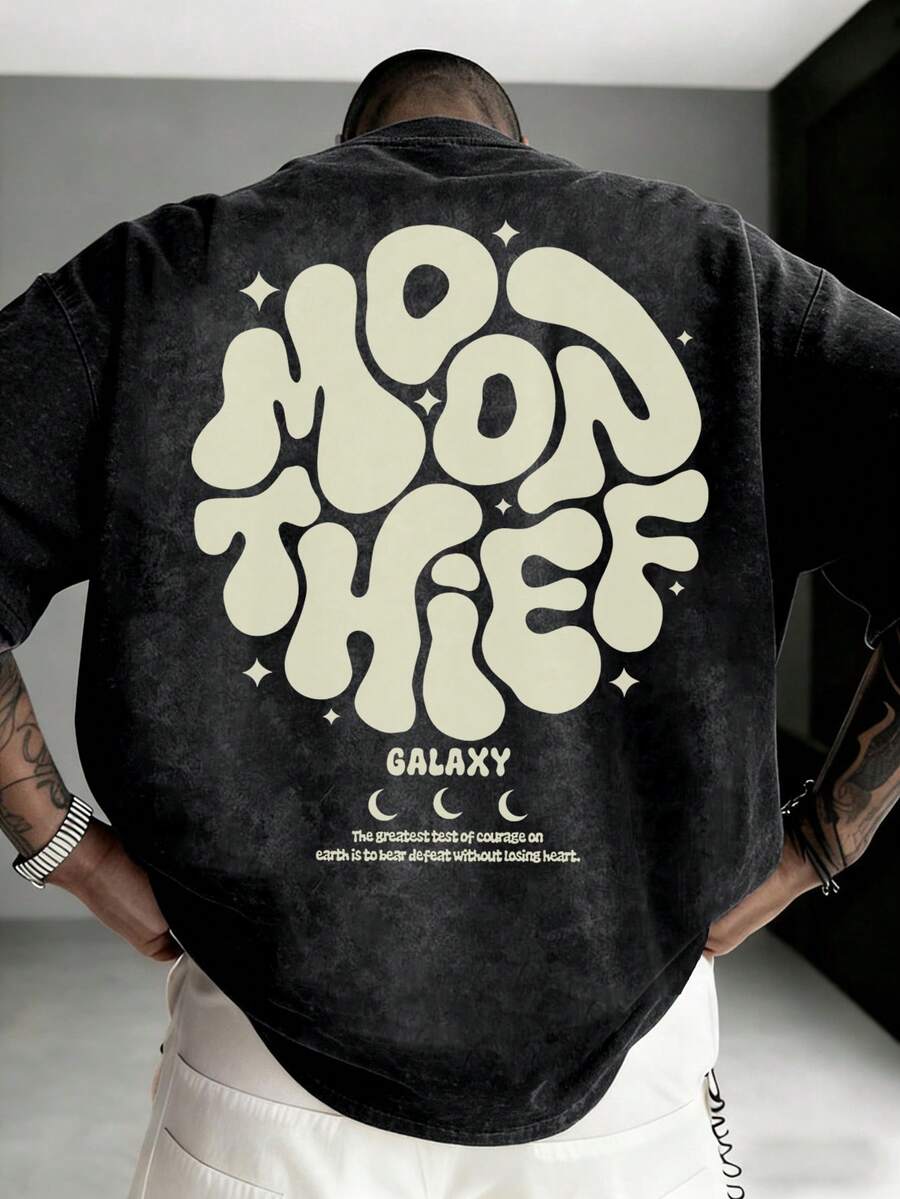 Zrgoth Men's Casual Versatile Minimalist Moon Thief Print Short Sleeve T-Shirt - Black - View 1