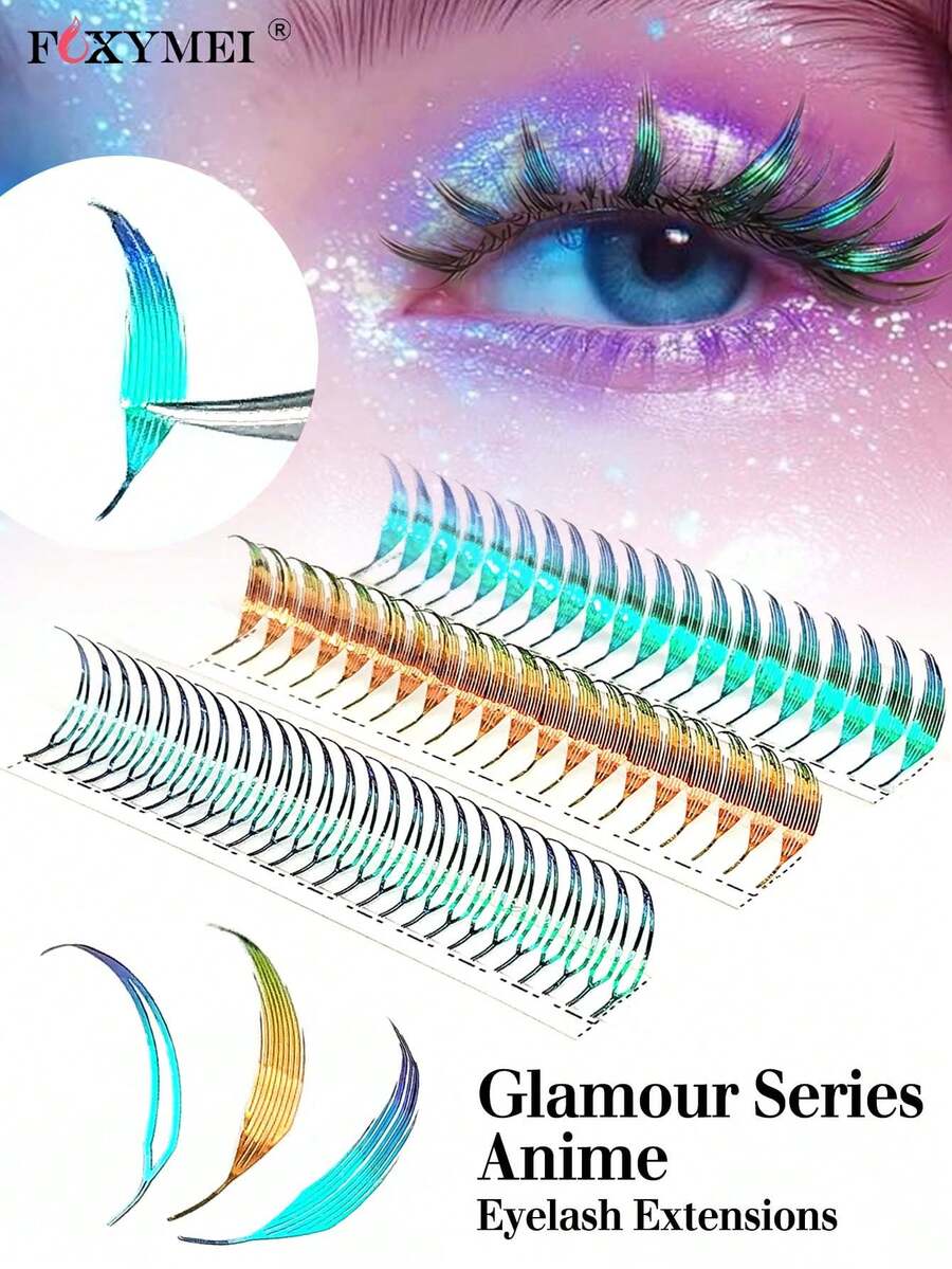 FOXYMEI 12 pares de pestañas postizas inspiradas en anime con degradado de color, de 8-15mm, de punta puntiaguda con efecto de apertura automática, rizado C/D, 0.07mm, de doble color, para un ambiente festivo