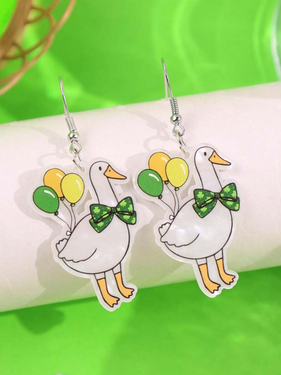 一对圣帕特里克节简约创意可爱四叶草气球鹅亚克力耳环，适合节日派对 - 彩色 - 查看 1