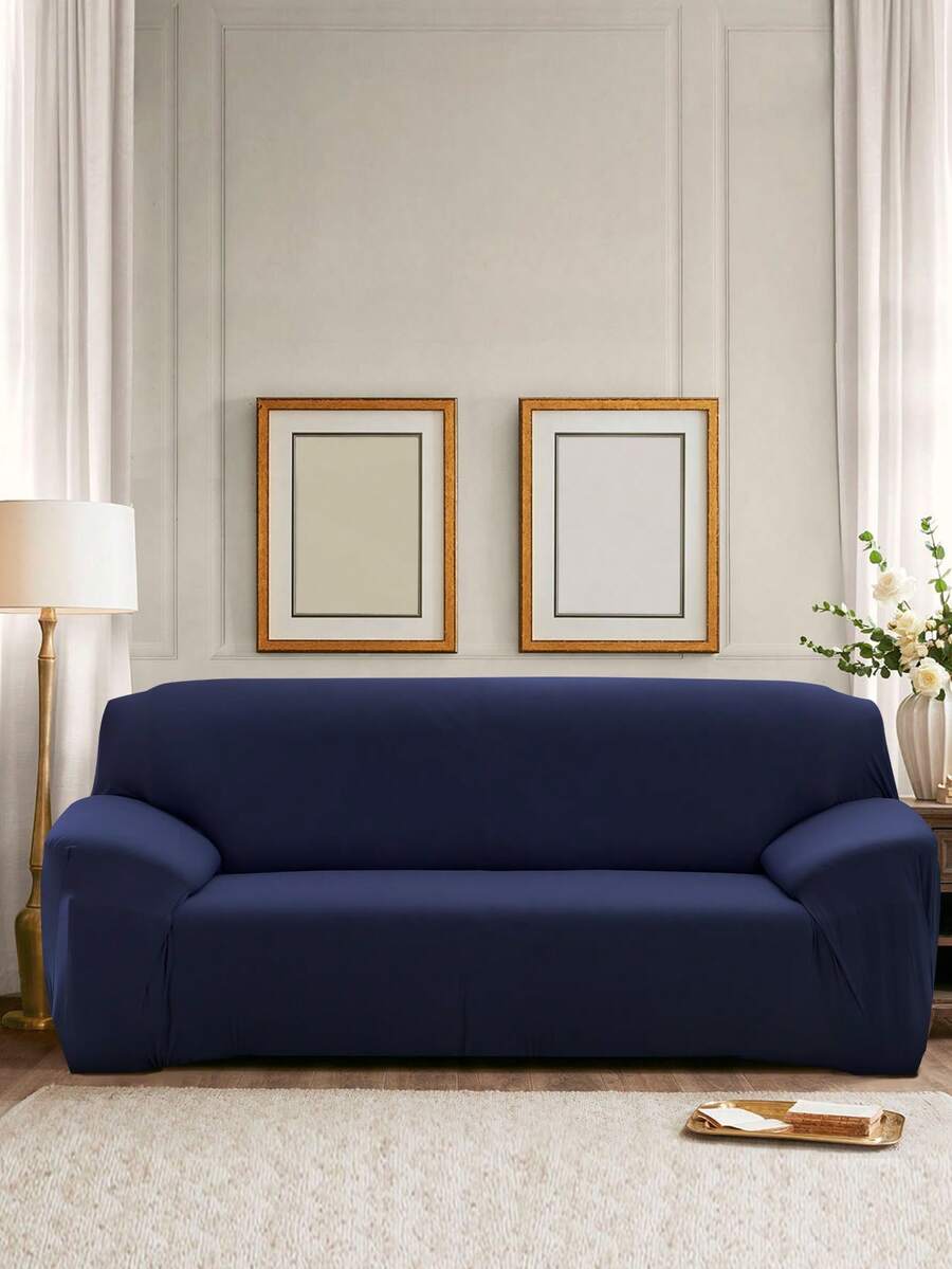 1pc Solid Color Modern Minimalist Stretch Polyester Sofa Cover, Removable And Machine Washable, Suitable For Living Room, Dining Room, Study, Bedroom, Home Use - Dark Blue - View 1