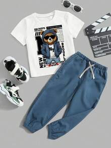 2件套幼儿男童夏季休闲小熊印花T恤和裤子套装 - 藍色 - 查看 1