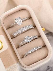 4件套奢华立方氧化锆戒指套装，附赠礼盒，适合女士婚礼、订婚、周年纪念派对佩戴，情人节礼物 - 1# - 查看 9