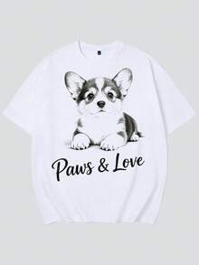 1pc Men's Fashionable Versatile Letter & Dog Print T-Shirt, Jacquard Weave Technique, Short Sleeve, Summer - White - View 4