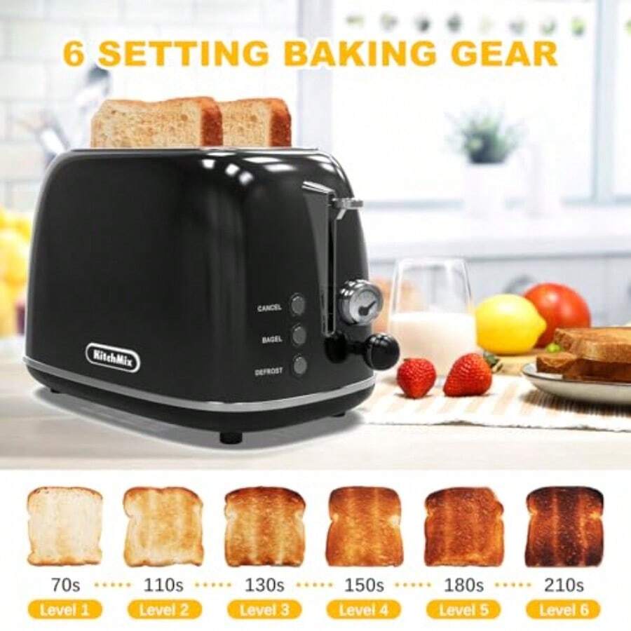 tostador de 2 rebanadas tostador retro de acero inoxidable con 6 ajustes ranuras  anchas de 1.5 pulgadas función de bagel/descongelación/cancelación bandeja íble para migas rosa bebé - Oscuro - Ver 1