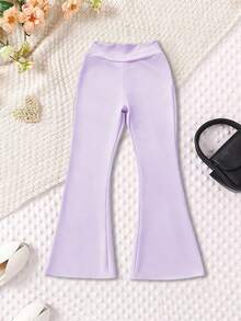 女童高腰交叉针织喇叭裤，儿童新款秋季瑜伽紧身裤，喇叭长裤，户外运动裤 - 淡紫色 - 查看 4