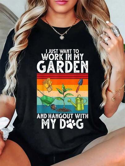 100% Cotton Gardening Shirt Garden Lover Gardener Dog Lover Plants Women T-Shirt Women's Vintage Relaxed Fit Tee Premium Soft Tops Printing Round Neck Fashion Shirts