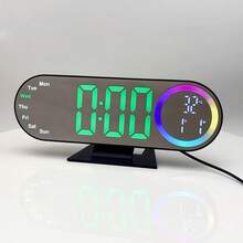 1pc Fashion Mirror LED Ambient Alarm Clock. Adjustable 10 Colors. Displays Time, Date, Day, Humidity And Temperature. Suitable For Bedroom Or Study, Also Can Be Used As Gift. - Multicolor - View 12