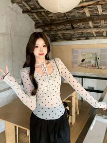 Áo thun dài tay cổ buộc nơ chấm bi dành cho nữ - trắng - Xem 6