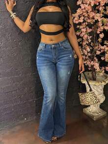 女士休闲长款喇叭牛仔裤，带纽扣口袋和拉链细节，中等弹力面料 - 藍色 - 查看 2