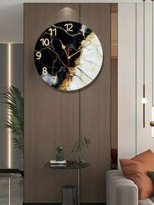 2D Flat Fashion Minimalist Silent Quartz Wall Clock, Black And White Marble Texture Round Wall Clock With Golden Accents, Luminous Numbers, Modern Style, 11.81x11.81 Inches/30x30cm Wooden Round Design, Stylish And Durable, Suitable For Home, Office - Multicolor - View 3