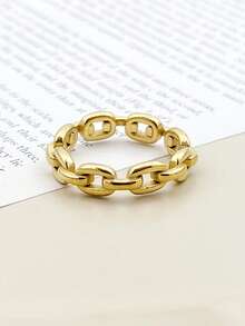 Mazuer 1pc Street Style Classic Chain Design 18K Gold Plated Stainless Steel Ring, Personalized Stackable Jewelry Accessory For Women - Gold - View 2