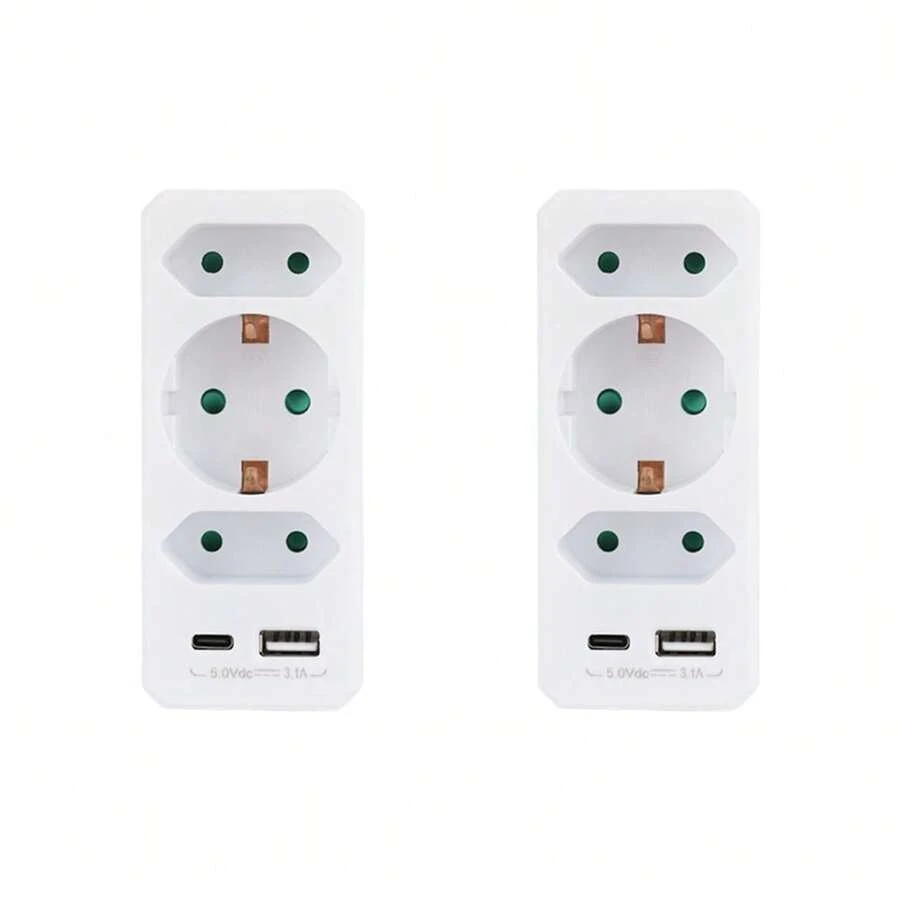 2pcs 5-In-1 EU Wall Socket Adapter With USB-C & USB-A Ports, 3 AC Outlets (1 Schuko + 2 Euro) Splitter, 16A 3500W Max, Multi Plug Extender For Home & Travel, White - EU F Type Plug(220-240V) - View 1