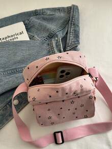 1pc Minimalist Fashion Star Pattern Square Bag, With 3D Outer Pocket, Camera Pouch And Adjustable Long Shoulder Strap, Suitable For Crossbody Or Shoulder Carry, Ideal For Women Casual Daily And Student Use - Pink - View 6