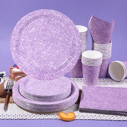 10ชิ้น/20ชิ้น/50ชิ้น/80ชิ้น,อุปกรณ์ปาร์ตี้พิมพ์ลายโฮโลแกรมสีม่วงอ่อน, ชุดช้อนส้อมใช้แล้วทิ้ง 10-20 ชุด, รวมถึงจานกระดาษขนาด 9 นิ้วและ 7 นิ้ว, ผ้าเช็ดปากขนาด 6.5x6.5 นิ้ว, ถ้วยกระดาษ 9 ออนซ์, และช้อนส้อมกระดาษ, เหมาะสำหรับงานแต่งงาน, งานเลี้ยงวันเกิด, งานปาร์ตี้ดิสโก้, งานเลี้ยงสละโสดชาย/หญิง, และโอกาสอื่นๆ