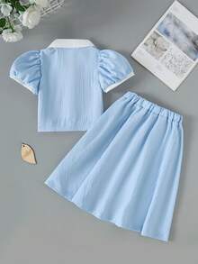 两件套少女清新学院风套装，甜美撞色泡泡袖翻领衬衫+纯色优雅A字迷你裙，夏季 - 淺藍色 - 查看 3