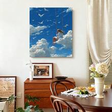 Framed [ Flat] 1pc Whimsical Girl Swinging Among Clouds & Seagulls Canvas Wall Art - Bohemian Style, Wooden Frame, Indoor Decor For Living Room, Bedroom, Office, Dining Room, Bar - Ideal Gift, Indoor Wall Decor|Bohemian Style Art|Wooden Frame Art, Wall Decor - Framed - 查看 3