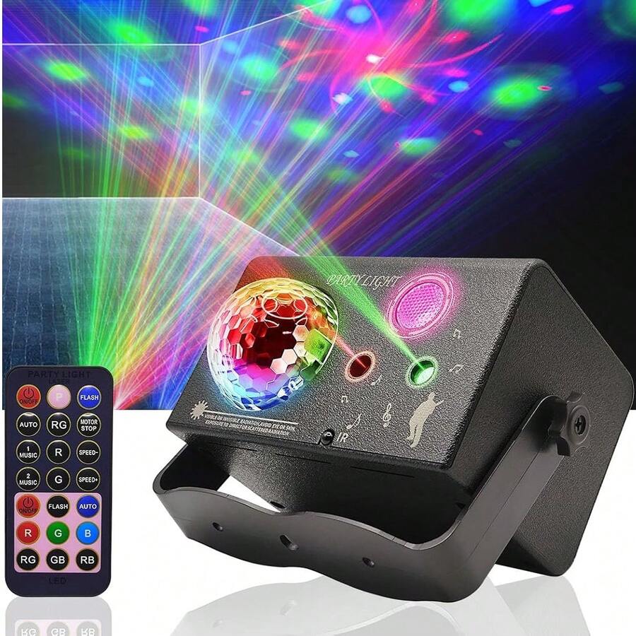 塑料一体式LED魔球+红绿光束派对迪斯科灯，带遥控器和声控功能，USB供电，适合家庭聚会、生日派对、舞厅和圣诞节假期。