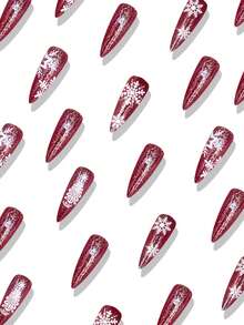 24片长尖头按压式假指甲 红色长指甲 白色雪花 亚克力法式假指甲 女士冬季美甲 - 彩色 - 查看 2