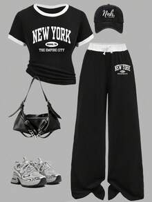 Teen Girl Casual Fashion Street Style Letter Print Ringer Short Sleeve T-Shirt And Wide Leg Pants Set, Spring/Summer/Autumn - Black - View 1