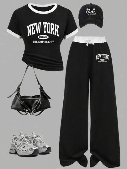 Teen Girl Casual Fashion Street Style Letter Print Ringer Short Sleeve T-Shirt And Wide Leg Pants Set, Spring/Summer/Autumn