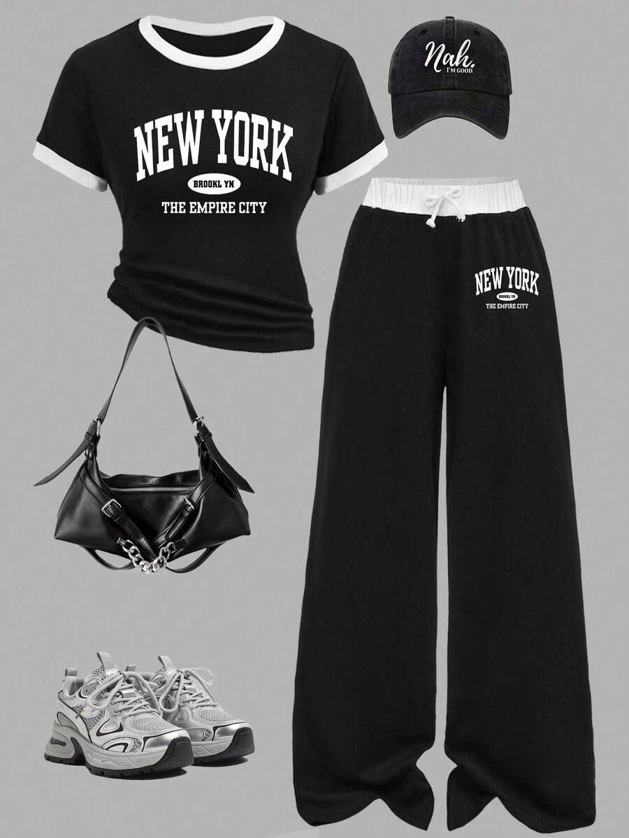 Teen Girl Casual Fashion Street Style Letter Print Ringer Short Sleeve T-Shirt And Wide Leg Pants Set, Spring/Summer/Autumn - Black - View 1