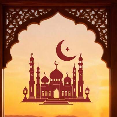 Hình dán trang trí cửa sổ hình lâu đài Ramadan & Eid – Hình dán tự dính màu đỏ hình lâu đài Eid Mubarak trang trí nhà cửa, nhà thờ Hồi giáo, phòng khách, văn phòng, dễ dán, tranh dán tường Ramadan, hình dán lễ hội Hồi giáo cho lễ Eid, đồ dùng trang trí tiệc Al Fitr cho người Hồi giáo hai mặt