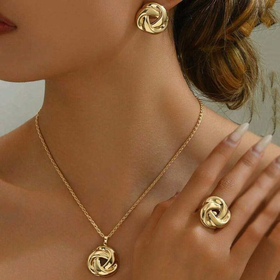 Set de 3 piezas, Colgante de metal infinito, Conjunto de joyería versátil de collar, aretes y anillo con flor de rosa minimalista para mujeres en fiestas y ocasiones - Dorado - Ver 1