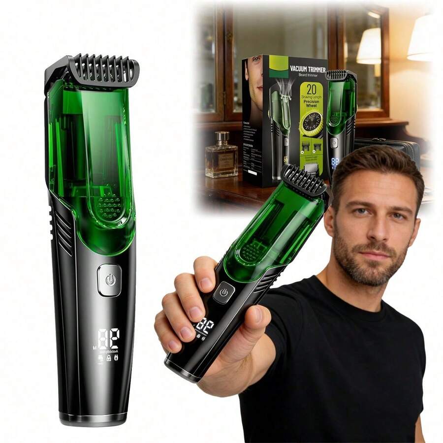 Beard Trimmer For Men: Vacuum Mustache Trimmer For Less Mess Waterproof- Rechargeable Electric Beard Cutting Kit With Adjustable Length Comb-Built-In Vacuum For Sideburns/Stubble - Green - View 1
