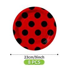 红黑波点一次性餐盘、餐巾纸、杯子套装，可供8位客人使用，一次性纸盘，派对用品，适用于生日、婚礼、主题派对、家庭野餐 - 彩色 - 查看 6