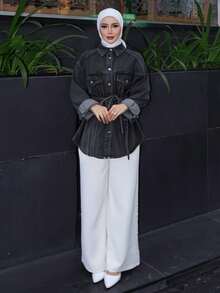 Livesso 女士做旧水洗宽松开衩下摆休闲牛仔裤，秋季服装，长袖牛仔外套 - 深灰色 - 查看 4