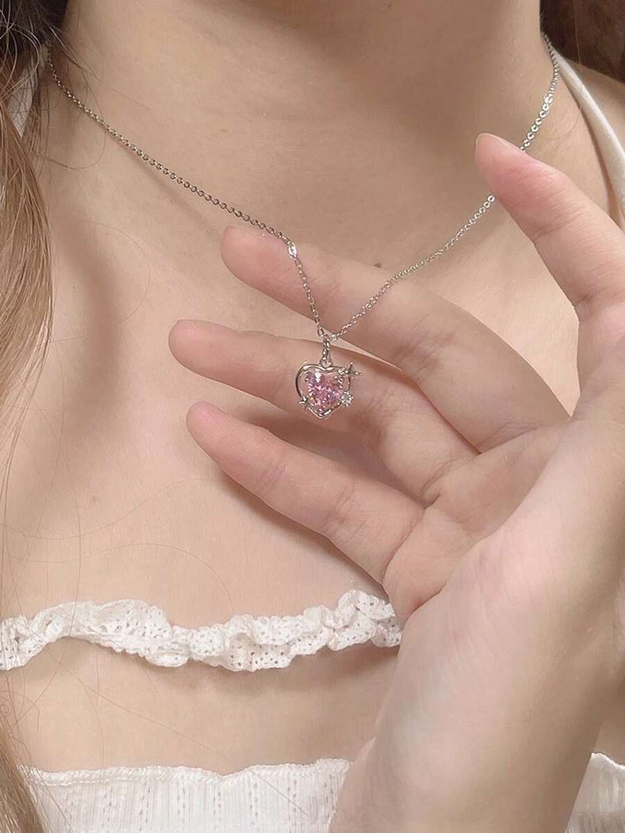 1 chiếc vòng cổ Peach Galaxy với mặt dây chuyền hình trái tim pha lê, kiểu dáng choker đa năng. - Trái tim hồng - Xem 1