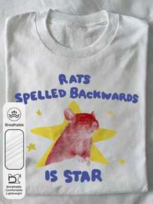 Women's Summer T-Shirt With A Simple, Casual Everyday Design Featuring A Mouse Print Resembling A Star. It Has A Crew Neck Style, Perfect For Summer. The Design Includes A Fun Animal Print And The Image Of A Little Mouse Emerging From A Star. - trắng - Xem 7