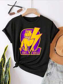 Bulldog Lightning Purple Yellow Established 1911 Graphic T-Shirt For Women, Oversized Crewneck Tees Casual Wear, Spring Cotton Tops Short Sleeve, Summer Basic Tees, Funny Clothes For Women - 黑色 - 查看 2