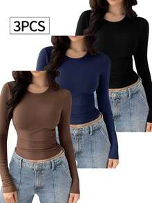 3 piezas Camisetas de manga larga con cuello redondo para mujer, tops casuales ajustados y cortos de unicolor de moda para el verano - Multicolor - Ver 1