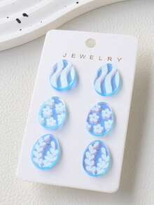 3 Pairs Easter Acrylic Holographic Iridescent Egg Stud Earrings Set, Cute Personalized Wavy Flower Print Earrings, Holiday Party Gift - Easter Eggs - View 4