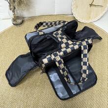 Checkered Toiletry Bag,Large Capacity Water-Proof Plaid Cosmetic Bag,Women Multi-Partitions Makeup Bag,Dust-Proof Wide-Open Puffy Organizers For Travel Accessories , Portable Travel Bag With Strap For Putting On Suitcase - 咖色 - 查看 1