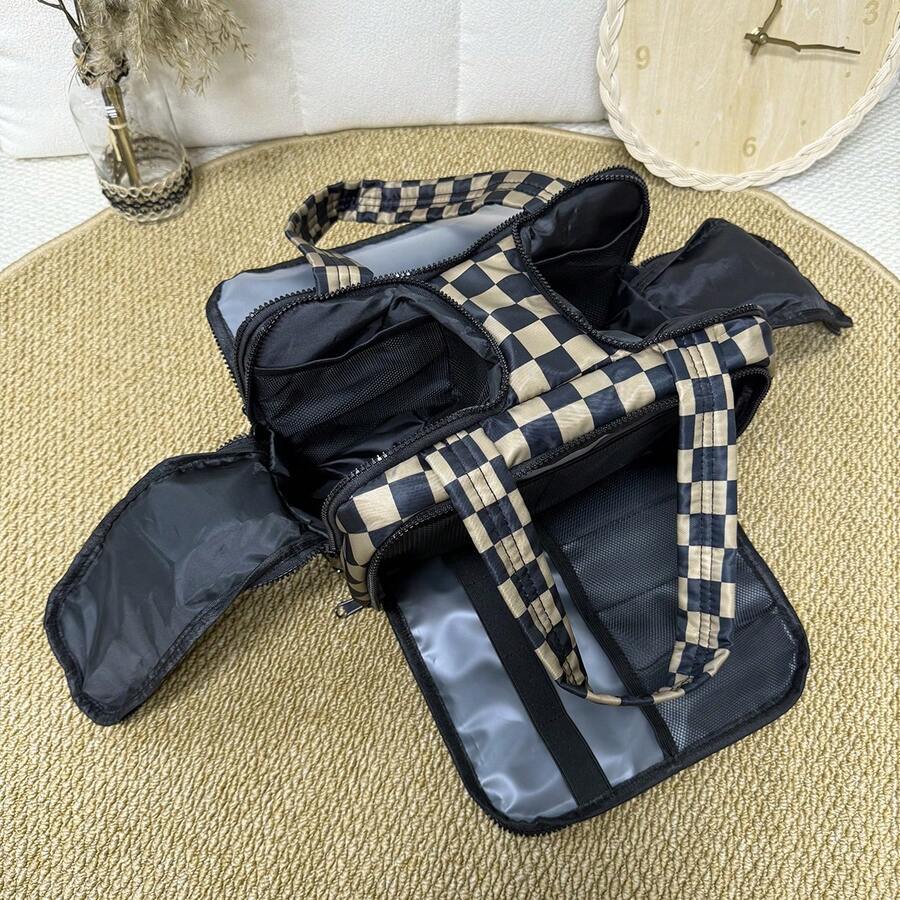 Checkered Toiletry Bag,Large Capacity Water-Proof Plaid Cosmetic Bag,Women Multi-Partitions Makeup Bag,Dust-Proof Wide-Open Puffy Organizers For Travel Accessories , Portable Travel Bag With Strap For Putting On Suitcase - 咖色 - 查看 1