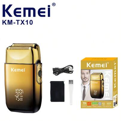  KEMEI KM-TX10 Cordless Electric Shaver For Men, USB Rechargeable With LED Display, Waterproof Wet/Dry Shaving, Hypoallergenic Double Blades, 1400mAh Lithium Battery