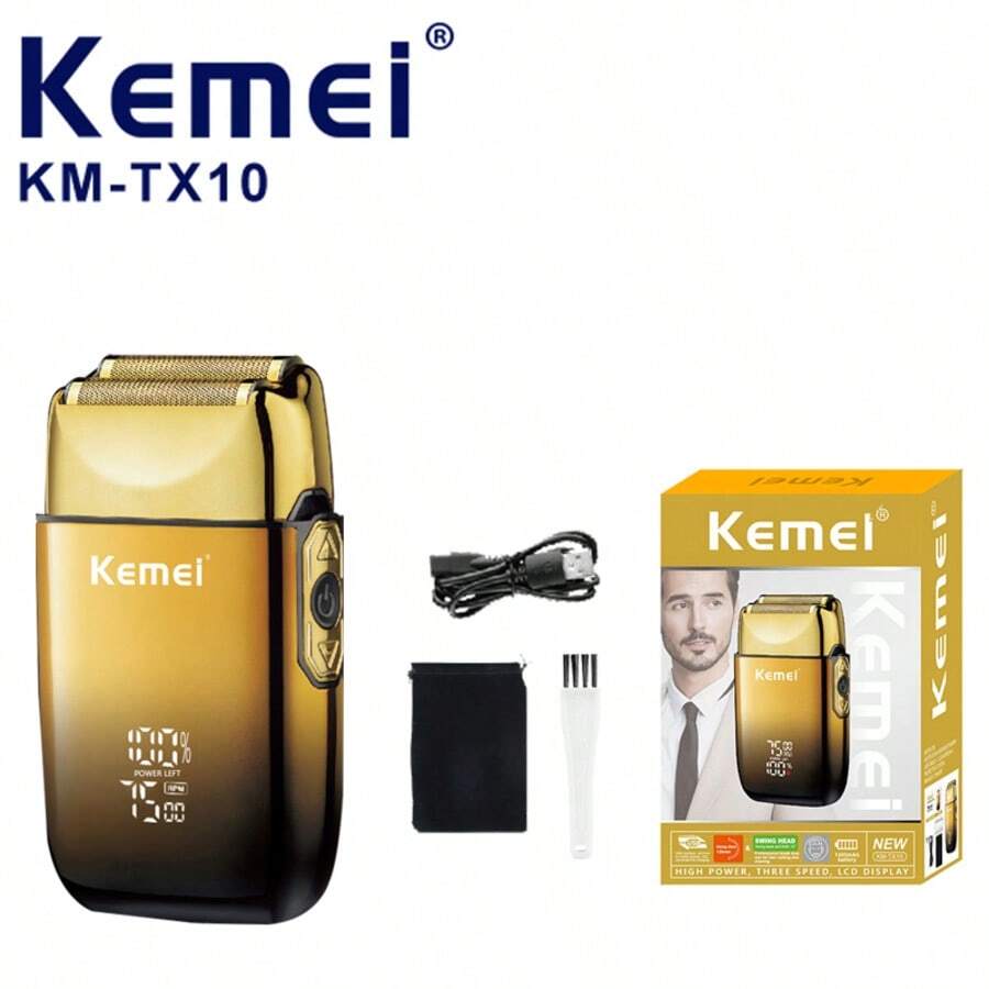 Máy cạo râu điện không dây KEMEI KM-TX10 dành cho nam, sạc USB, màn hình LED, chống nước, sử dụng được cả khô và ướt, lưỡi dao kép bằng thép không gỉ, pin lithium 1400mAh. - Vàng - Xem 1