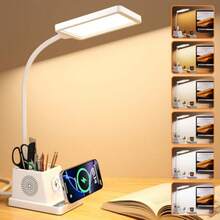 Lámpara LED de Escritorio con 3 Puertos USB, 2 Salidas CA, 3 Modos de Color, 3 Niveles de Brillo, Función Táctil/Memoria/Temporizador, Plegable, para Oficina - cargador inalámbrico/cuello de cisne blanco - Ver 3