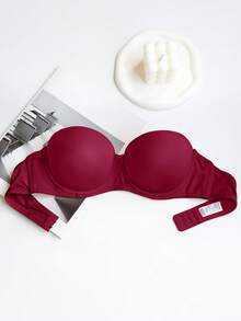 Women's Elegant Silky Strapless Padded Bra, Solid Color, Removable Straps, Suitable For Formal Occasions - Red - View 9