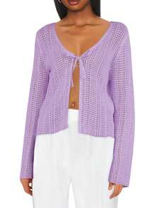 Womens Crochet Cardigan Tie Front Lightweight Mesh Knit Long Sleeve Beach Cover Up - 紫色 - 查看 1