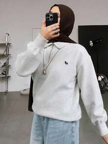 Livesso Women's Loose Fit Pullover Sweatshirt With Collar & Embroidery Pattern,Long Sleeve Tops,Fall Clothes - Grey - View 5
