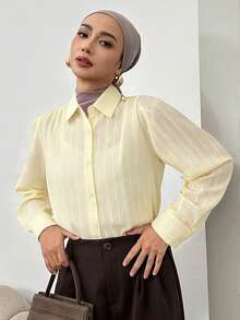 Livesso Women's Striped Long Sleeve Casual Business Shirt, Autumn,Long Sleeve Tops,Fall Women Clothes - Yellow - View 5