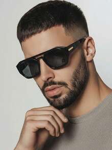 1副男士黑色方形PC框复古双梁街头风度假个性化时尚眼镜 - 亮黑 - 查看 1