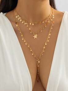 3pcs/Set Fashionable Multi-Layer Y-Shaped Metal Necklace, Geometric Minimalist Star Tassel Necklace Jewelry For Women, Handmade Length Adjustable, Random Star Quantity - Gold - View 1