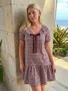 Women Plaid Babydoll Mini Dress Gingham Short Sleeve V Neck Bow Swing Dress Loose Summer Dress For Casual Daily Dating Streetwear - 紅色 - 查看 6