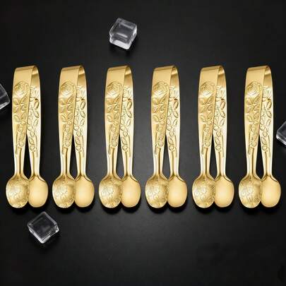 Mini Serving Clip Set, Stainless Steel Rose Pattern Sugar Cube Tongs & Ice Tongs - Suitable For Parties, Dishwasher , Ideal For Coffee, Appetizers, Desserts, Snacks, Candies, Perfect For Buffets, Bars, BBQs And Catering Events